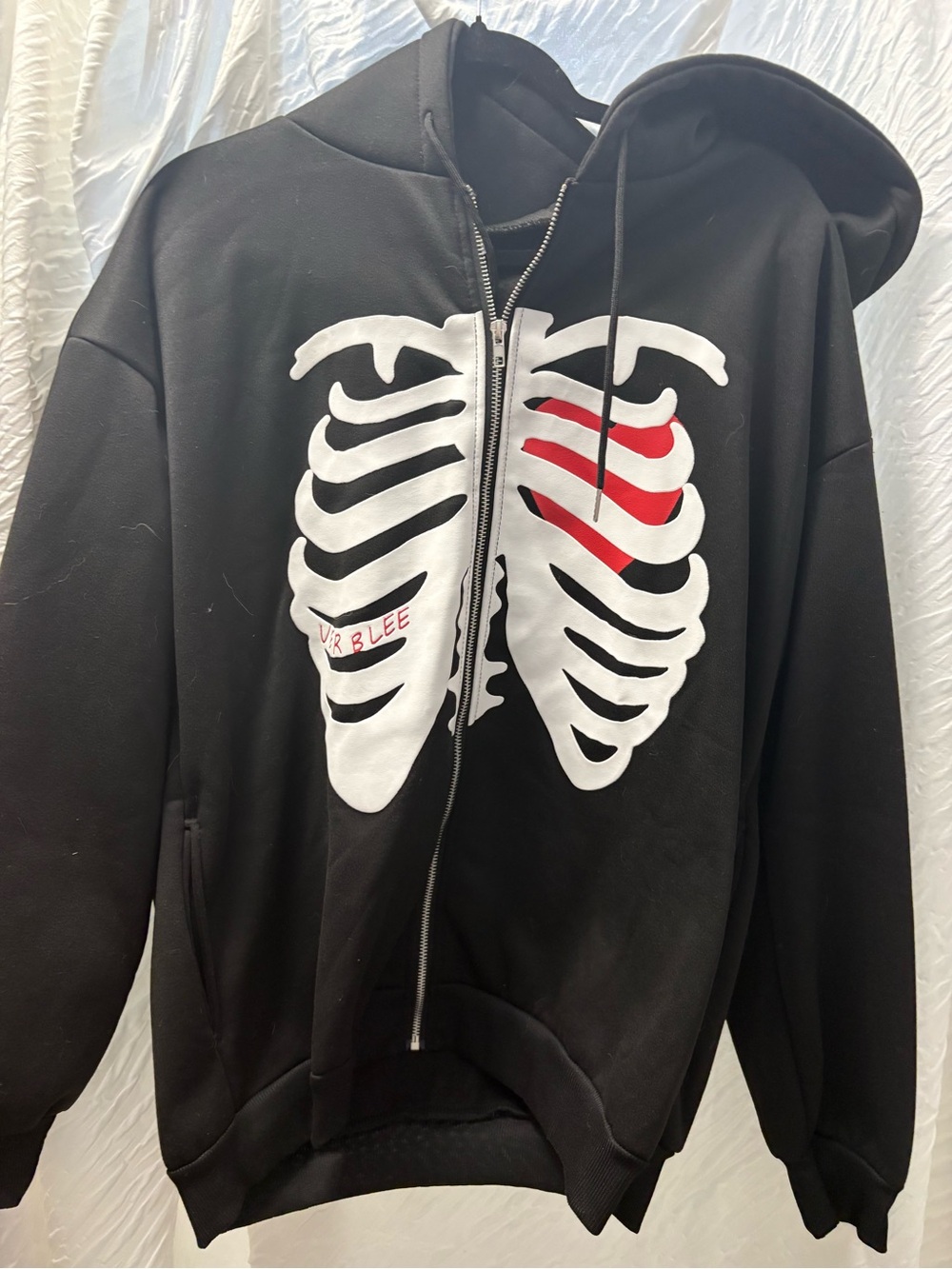 Kids Black Hoodie Jacket with White Ribcage Graphic